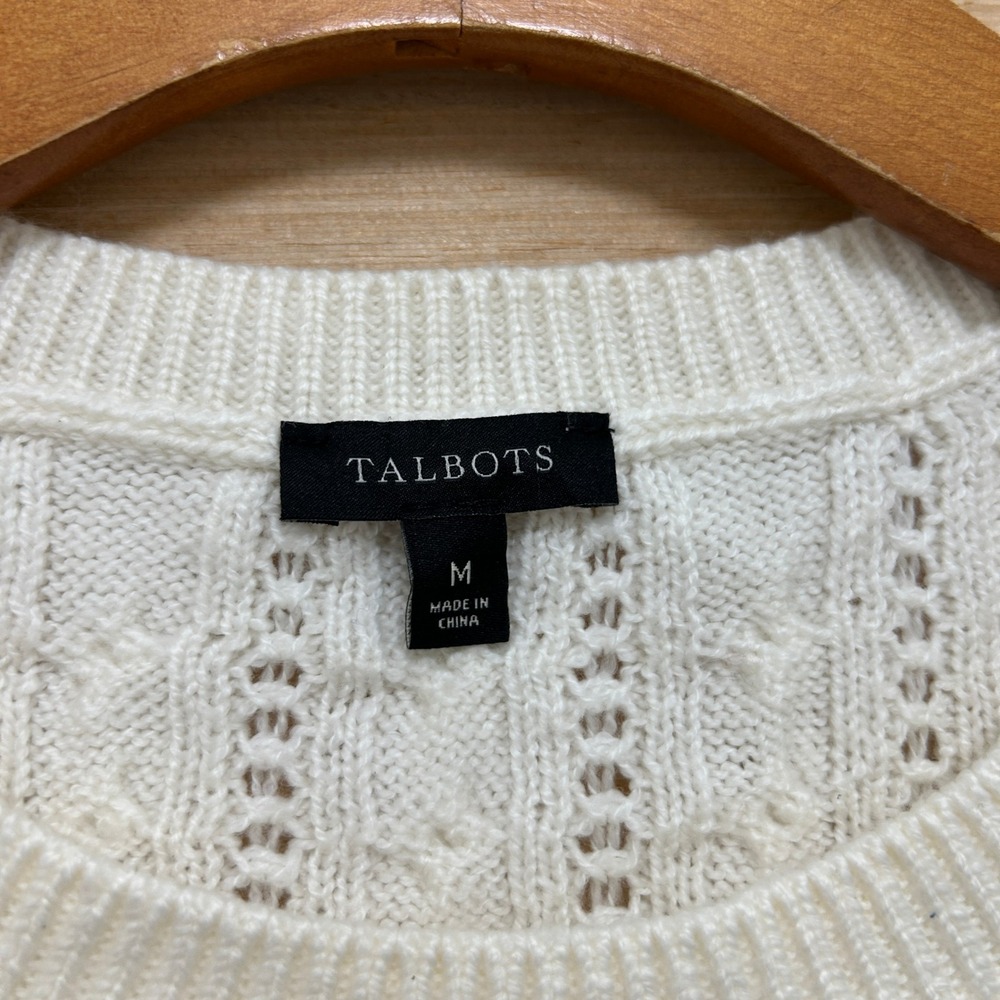 Talbots Ivory Cable Knit Sweater Womens Medium Cream Shoulder Button Long Sleeve - Picture 2 of 7